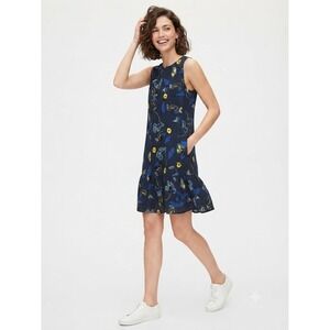 Halogen Floral Sleeveless Ruffle Hem Shift Dress Navy Blue Yellow Size Small